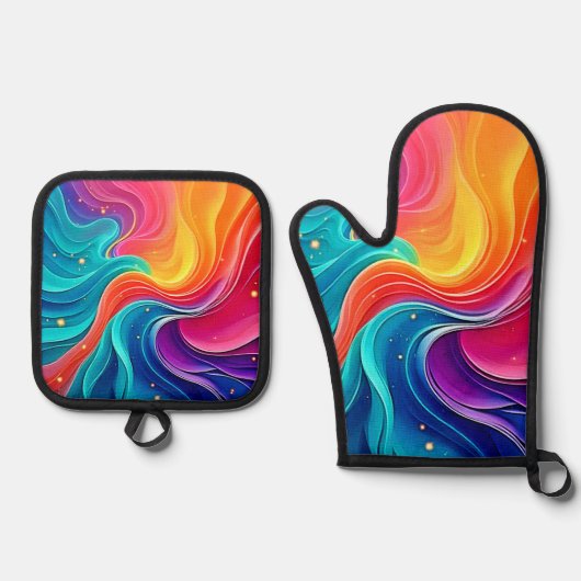 Rainbow Energy Swirl: Vibrant Flow Art Ovenwant & Pannenlap Set (Voorkant)