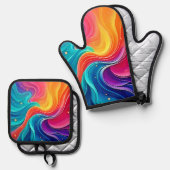 Rainbow Energy Swirl: Vibrant Flow Art Ovenwant & Pannenlap Set (Voorkant / Achterkant)