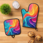 Rainbow Energy Swirl: Vibrant Flow Art Ovenwant & Pannenlap Set (Top down)