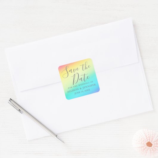 Rainbow Fade Cheerful LGBTQ Bewaar de datum Vierkante Sticker (Envelop)