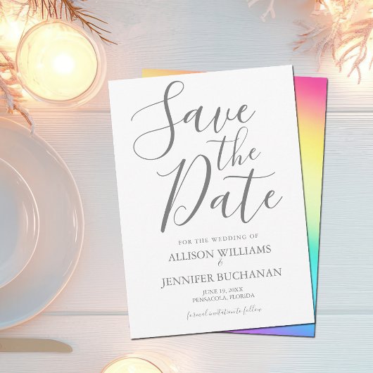 Rainbow Fade Chic Gray Typography LGBT Gay Wedding Save The Date