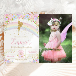 Rainbow Fairy Floral Verjaardagsfeest Foto Afbeeld Kaart