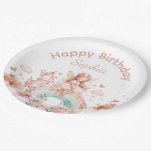 Rainbow Fairy Girl Magic Theepot Verjaardag Papieren Bordje (Gekanteld)