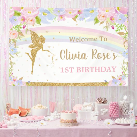 Rainbow Fairy Pink Blue Floral Birthday Backdrop Spandoek (Feest)