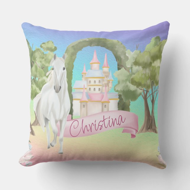 Rainbow Fairy Tale Castle & White Horse Waterverf Kussen (Voorkant)