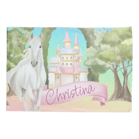 Rainbow Fairy Tale Castle & White Horse Waterverf Kussensloop (Achterkant)