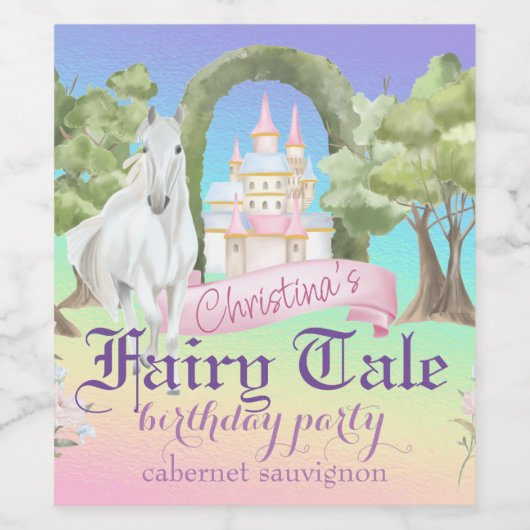 Rainbow Fairy Tale Castle & White Horse Waterverf Wijn Etiket (Enkel label)