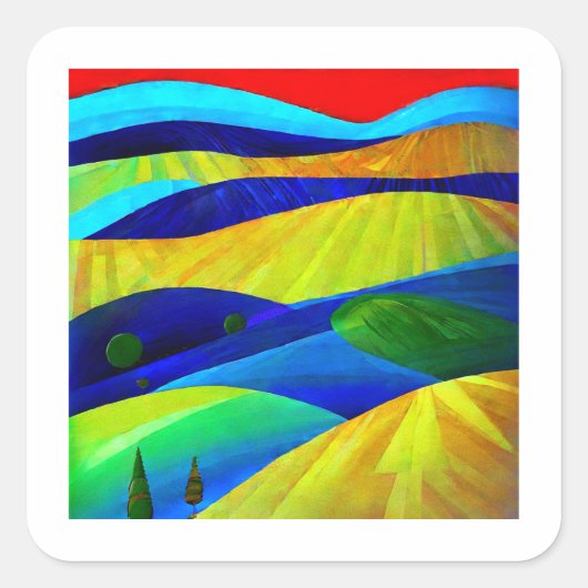 Rainbow Fantasy Hills Landschap Vierkante Sticker (Voorkant)