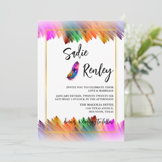 Rainbow Feather bruiloft uitnodiging (Staand voorkant)