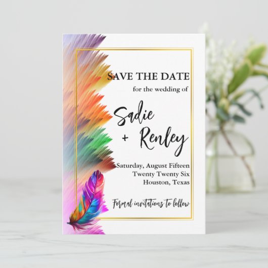 Rainbow Feather Wedding Save the Date Kaart (Staand voorkant)