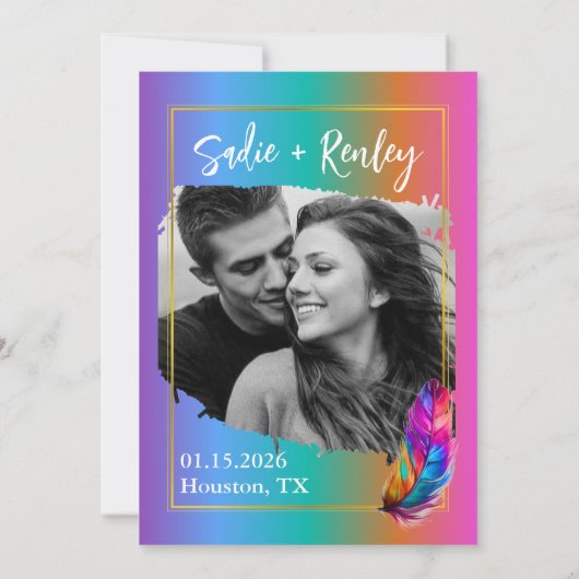 Rainbow Feather Wedding Save the Date Kaart (Achterkant)