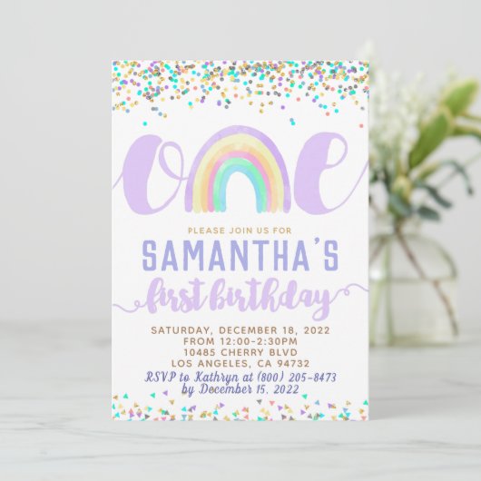 Rainbow First Birthday Invitation Kaart (Staand voorkant)
