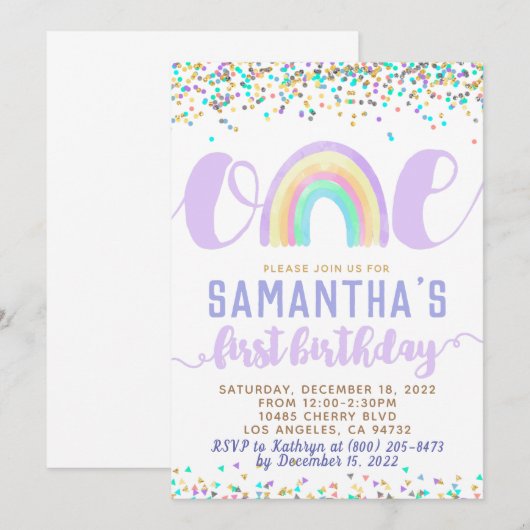 Rainbow First Birthday Invitation Kaart (Voorkant / Achterkant)