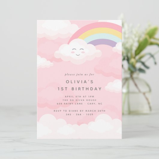 Rainbow First Birthday Invitation Kaart (Staand voorkant)