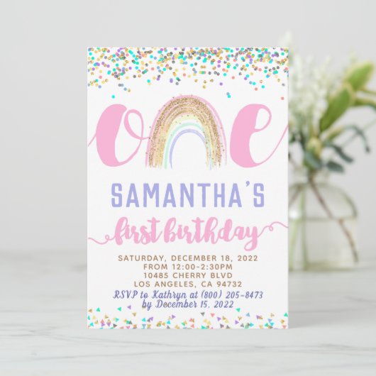 Rainbow First Birthday Invitation Kaart (Staand voorkant)