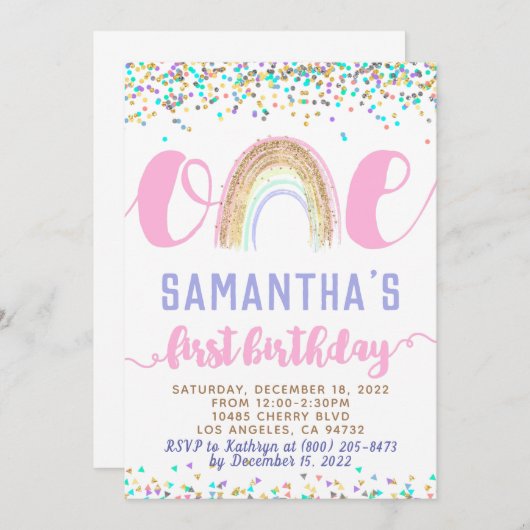 Rainbow First Birthday Invitation Kaart (Voorkant / Achterkant)