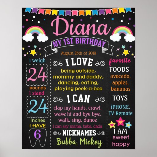 Rainbow First Birthday Party chalkboard Poster (Voorkant)