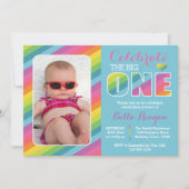 Rainbow First Birthday Party Photo Invitation Kaart (Voorkant)