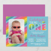 Rainbow First Birthday Party Photo Invitation Kaart (Voorkant / Achterkant)