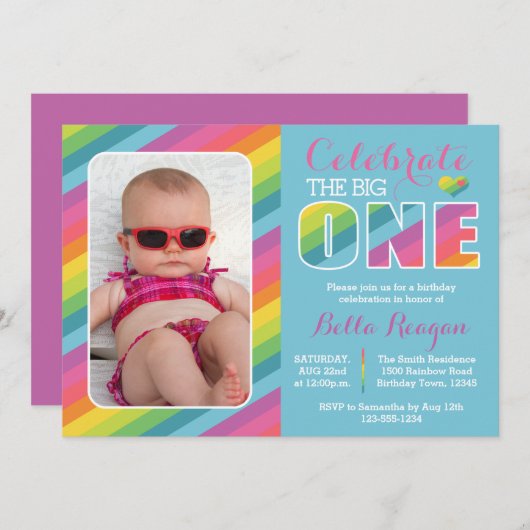 Rainbow First Birthday Party Photo Invitation Kaart (Voorkant / Achterkant)