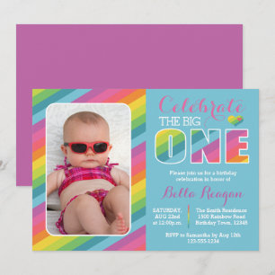 Rainbow First Birthday Party Photo Invitation Kaart