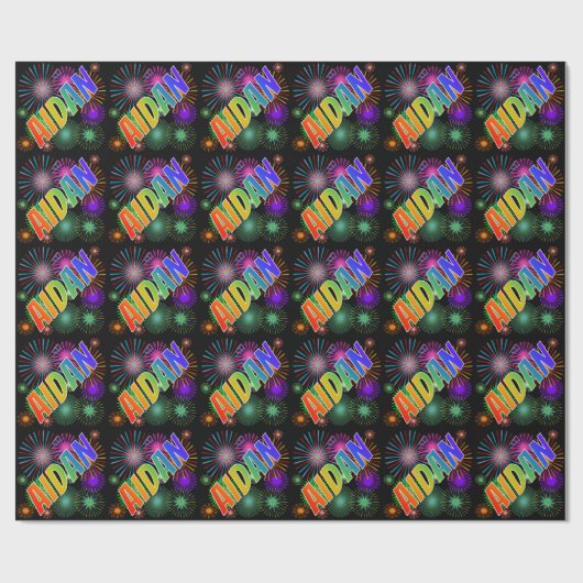 Rainbow First Name "AIDAN" + Fireworks Cadeaupapier (Vlak)