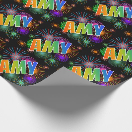 Rainbow First Name "AMY" + Fireworks Cadeaupapier (Hoek)