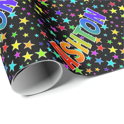 Rainbow First Name "ASHTON" + sterren Cadeaupapier (Rol Hoek)
