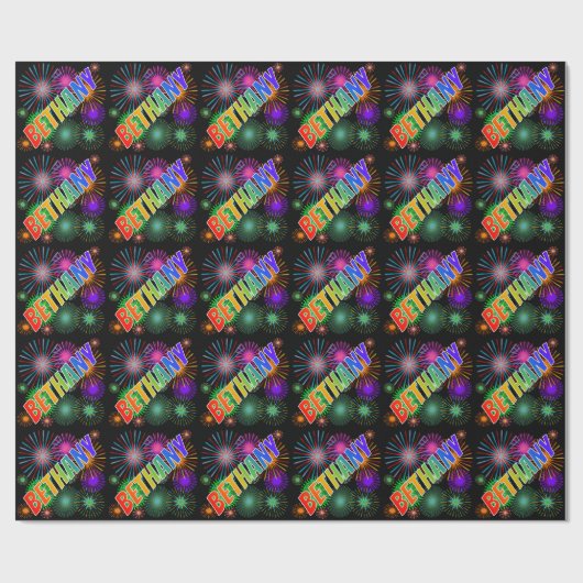 Rainbow First Name "BETHANY" + Fireworks Cadeaupapier (Vlak)