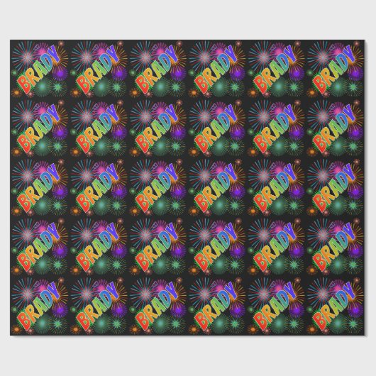 Rainbow First Name "BRADY" + Fireworks Cadeaupapier (Vlak)