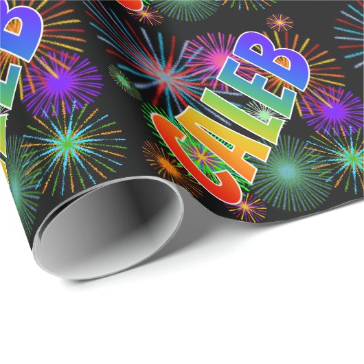 Rainbow First Name "CALEB" + Fireworks Cadeaupapier (Rol Hoek)