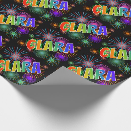 Rainbow First Name "CLARA" + Fireworks Cadeaupapier (Hoek)