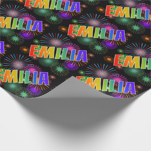 Rainbow First Name "EMILIA" + Fireworks Cadeaupapier (Hoek)