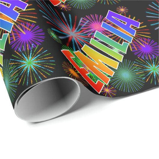 Rainbow First Name "EMILIA" + Fireworks Cadeaupapier (Rol Hoek)