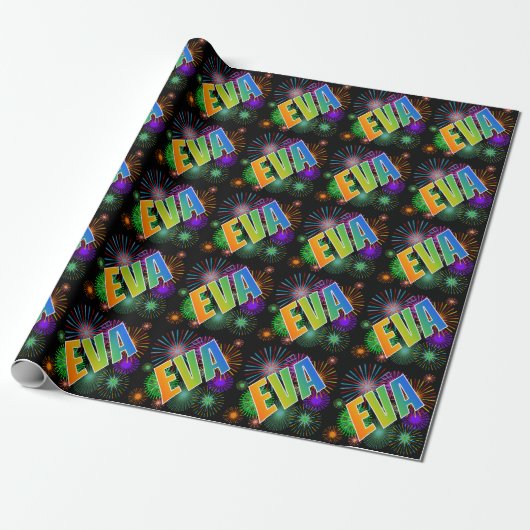 Rainbow First Name "EVA" + Fireworks Cadeaupapier (Uitgerold)