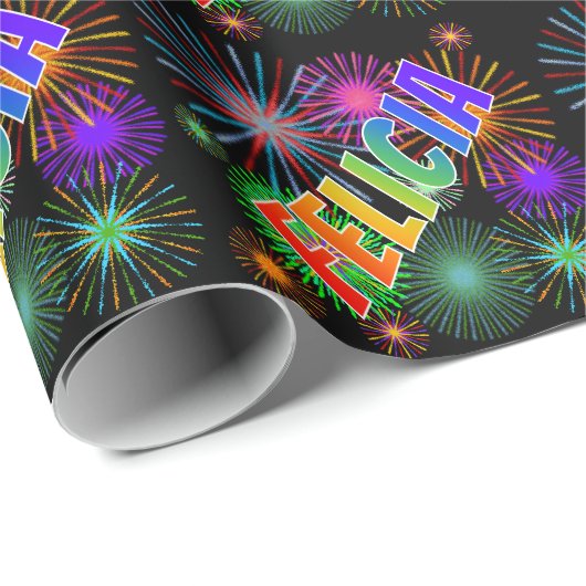 Rainbow First Name "FELICIA" + Fireworks Cadeaupapier (Rol Hoek)