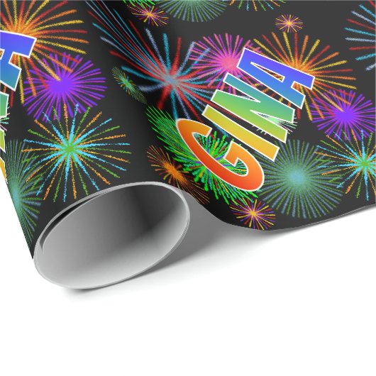Rainbow First Name "GINA" + Fireworks Cadeaupapier (Rol Hoek)