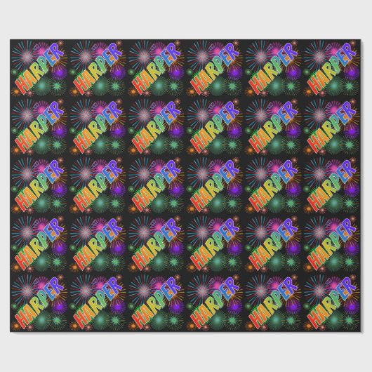 Rainbow First Name "HARPER" + Fireworks Cadeaupapier (Vlak)