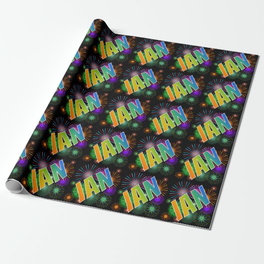 Rainbow First Name "IAN" + Fireworks Cadeaupapier (Uitgerold)