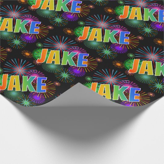 Rainbow First Name "JAKE" + Fireworks Cadeaupapier (Hoek)