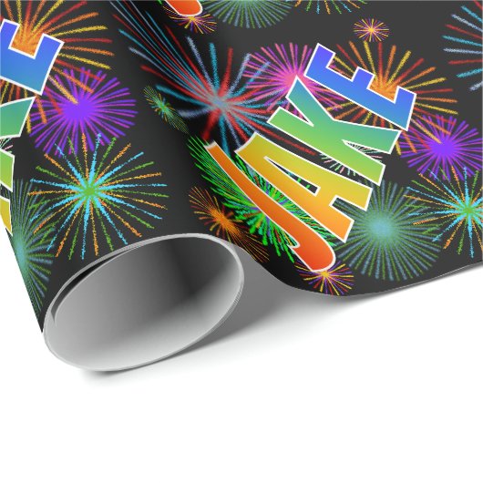 Rainbow First Name "JAKE" + Fireworks Cadeaupapier (Rol Hoek)