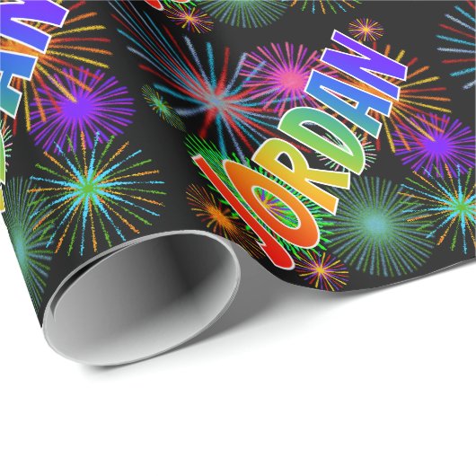 Rainbow First Name "JORDAN" + Fireworks Cadeaupapier (Rol Hoek)