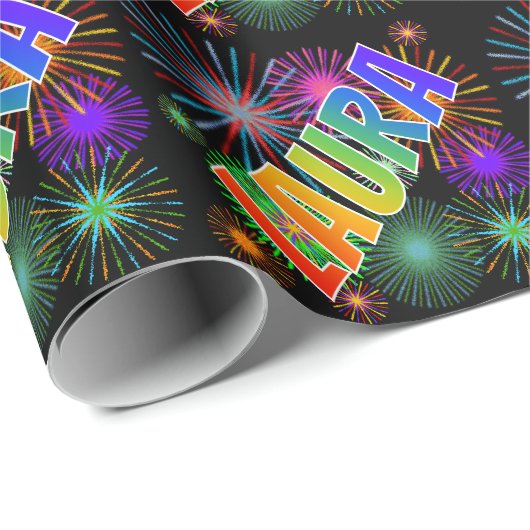 Rainbow First Name "LAURA" + Fireworks Cadeaupapier (Rol Hoek)