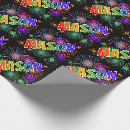 Rainbow First Name "MASON" + Fireworks Cadeaupapier (Hoek)