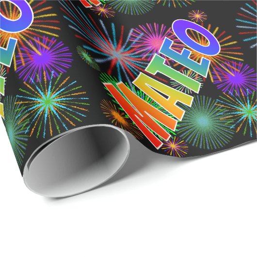 Rainbow First Name "MATEO" + Fireworks Cadeaupapier (Rol Hoek)