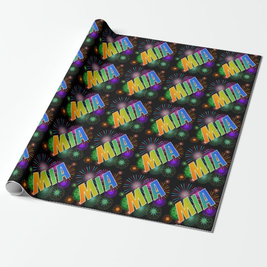 Rainbow First Name "MIA" + Fireworks Cadeaupapier (Uitgerold)