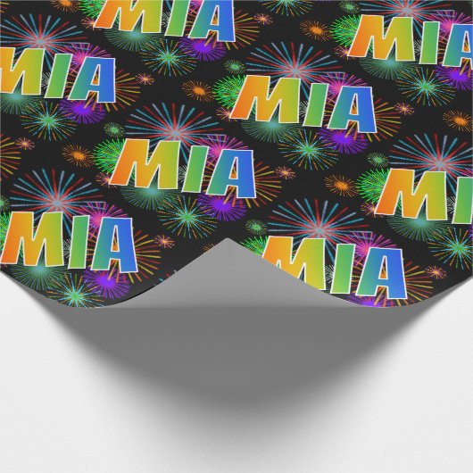 Rainbow First Name "MIA" + Fireworks Cadeaupapier (Hoek)
