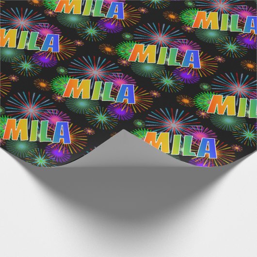 Rainbow First Name "MILA" + Fireworks Cadeaupapier (Hoek)