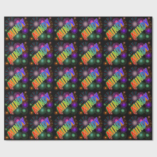 Rainbow First Name "MINDY" + Fireworks Cadeaupapier (Vlak)