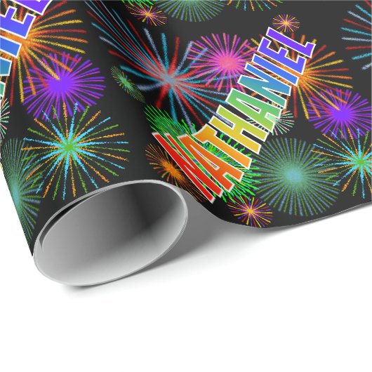 Rainbow First Name "NATHANIEL" + Fireworks Cadeaupapier (Rol Hoek)